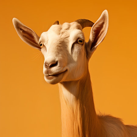 Portrait of a goat on a orange background. Animal portrait.の素材