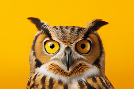 Portrait of an owl with yellow eyes on a yellow background.の素材