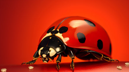 Beautiful photo of red ladybug on red background with bokehの素材
