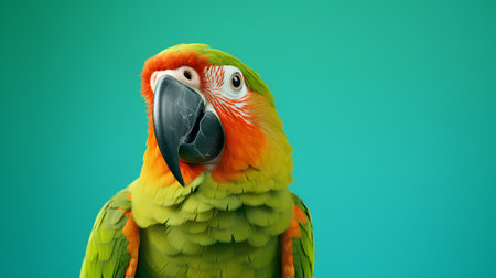 Portrait of a colorful parrot isolated on a green background.の素材