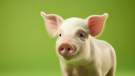 Portrait of a cute little pig. Isolated on green backgroundの素材