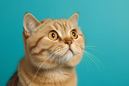 Portrait of a red cat on a turquoise background.の素材