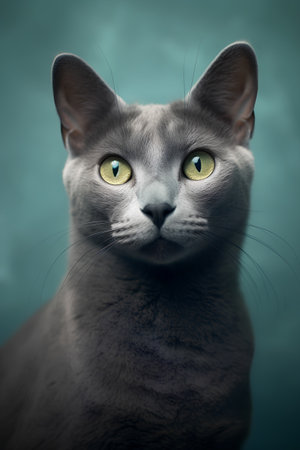 Portrait of a gray cat with green eyes on a blue backgroundの素材