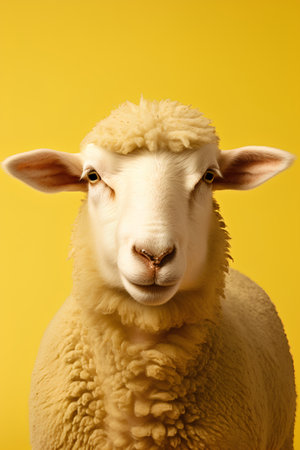 Portrait of a cute sheep on a yellow background. Animal portrait.の素材