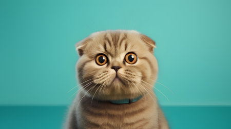 Funny scottish fold cat with blue collar on green backgroundの素材