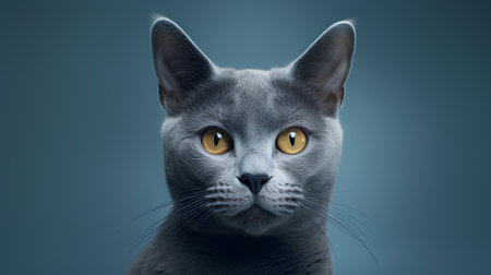 Portrait of a gray cat with yellow eyes on a blue backgroundの素材