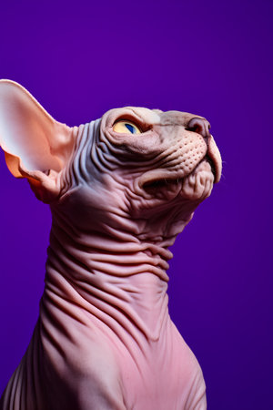 Portrait of a Sphynx cat on a purple background.の素材