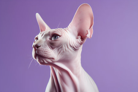 Portrait of a Sphynx cat on a purple background.の素材