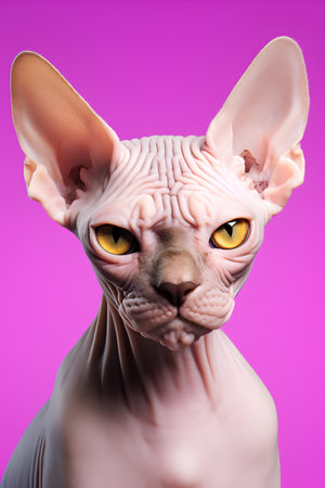 Portrait of a Sphynx cat with yellow eyes on a pink backgroundの素材