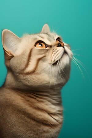 Close-up portrait of a cat on a turquoise backgroundの素材