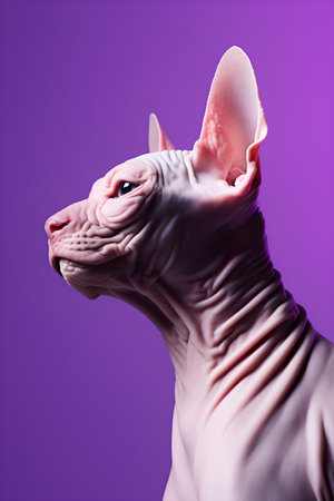 Portrait of a Sphynx cat on a purple background.の素材