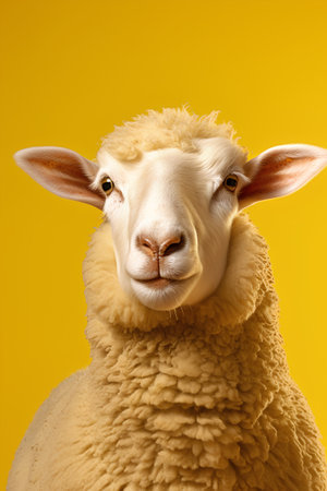 Close-up portrait of a sheep isolated on a yellow background.の素材