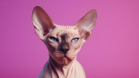 Portrait of a Sphynx cat with blue eyes on a pink backgroundの素材