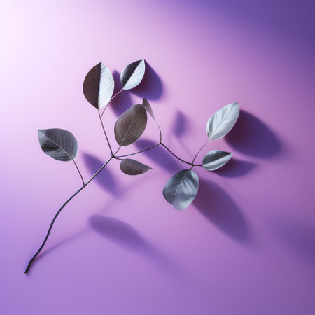 3D render of a branch with leaves isolated on a purple backgroundの素材