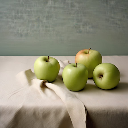 Green apples on a table with linen tablecloth. Toned.の素材