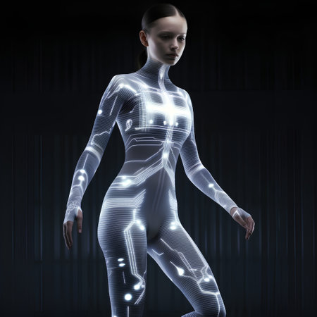 3D rendering of a female cyborg with futuristic interface on dark backgroundの素材