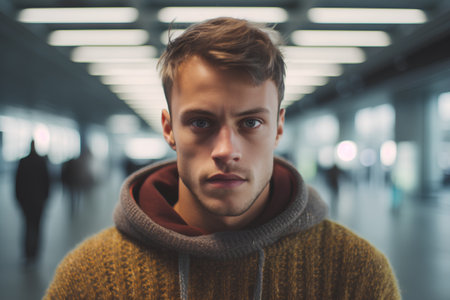 Portrait of a young man in a yellow sweater and scarf standing in an underground passage.の素材