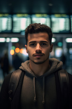 Portrait of a handsome young man at the airport. Travel concept.の素材