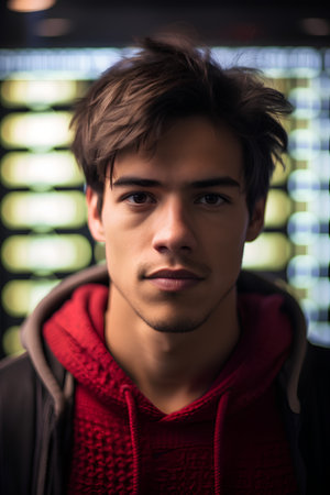 Portrait of a handsome young man in a dark room with neon lightsの素材