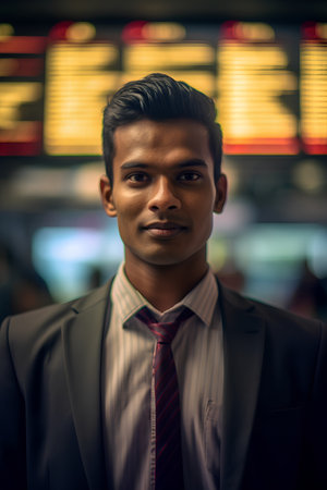 Portrait of young indian business man looking at camera at airportの素材
