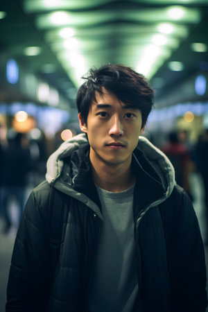 young handsome asian man traveling in train station underground, lifestyle people conceptの素材