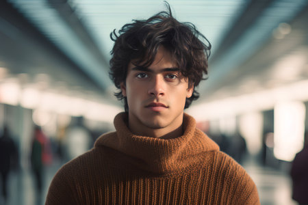 young handsome long-haired brunette man in the city, lifestyle people conceptの素材