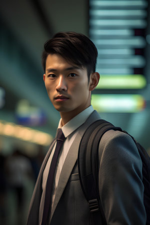 Portrait of a handsome young Asian businessman standing in the airport.の素材