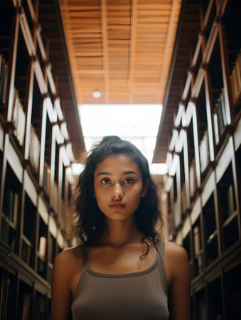 Portrait of a beautiful mixed race college student in a library.の素材