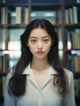 Portrait of a beautiful asian woman with long black hair in a white shirt standing in a library.の素材