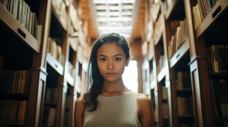 Portrait of a beautiful young woman in a library looking at cameraの素材