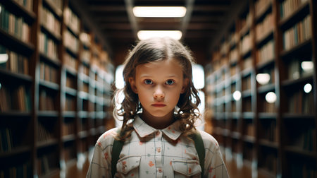 Portrait of a little girl in the library. Education concept.の素材
