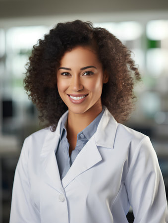 portrait of smiling african american female doctor in white coatの素材