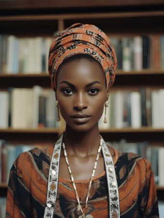 Portrait of beautiful african american woman in headscarf standing near bookcase.の素材