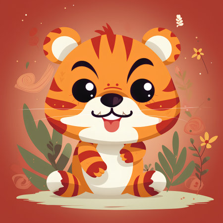 Cute cartoon tiger with flowers. Vector illustration in flat style.の素材