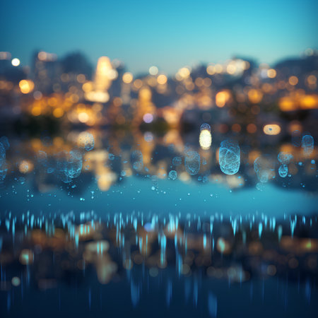 Abstract city background with bokeh defocused lights and water dropsの素材