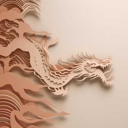 Paper cut of Chinese dragon on beige background. 3D renderingの素材