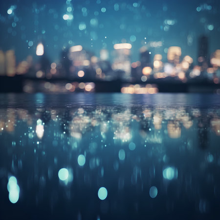 Night cityscape with bokeh lights and reflection on water surfaceの素材