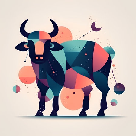 Vector illustration of a stylized cow on a background of geometric shapesの素材