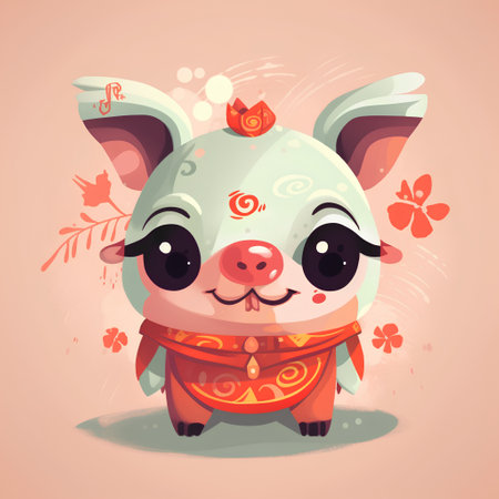 Chinese New Year greeting card with cute little pig. Vector illustration.の素材