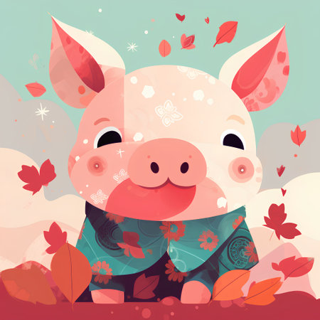 Cute pig in a kimono among autumn leaves. Vector illustration.の素材