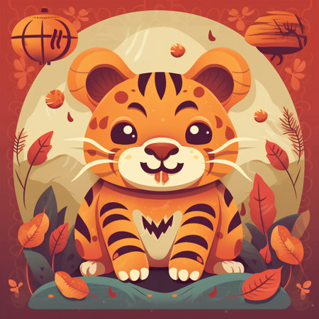 Cute cartoon tiger sitting on the ground among autumn leaves. Vector illustration.の素材