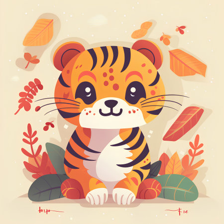 Cute tiger with autumn leaves. Vector illustration in cartoon style.の素材