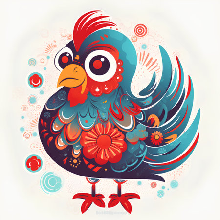 Vector illustration of a rooster. Colorful rooster with floral pattern.の素材