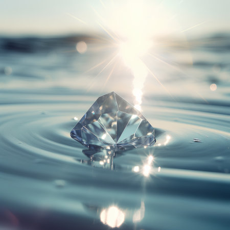 Diamond on water surface. Conceptual image. 3D Renderingの素材