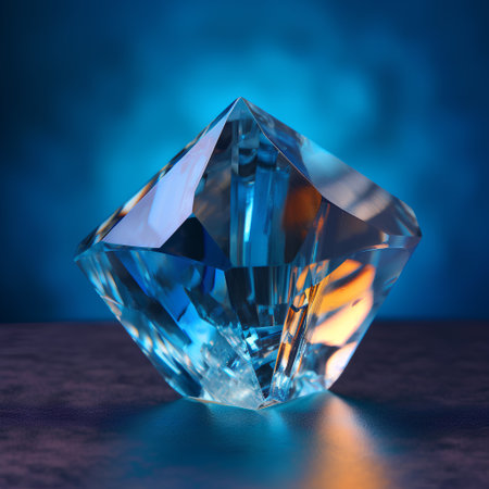 3D rendering of a blue diamond on a dark background with bokeh effectの素材