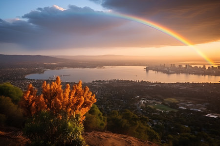Aerial view of Perth, Australia at sunset with a rainbow.の素材