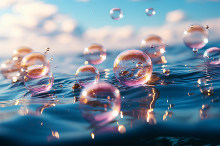 Soap bubbles floating in the water. 3d render illustration.の素材