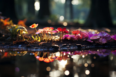 Red and yellow flowers in the forest with reflection in the water.の素材