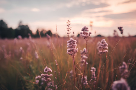 Meadow with flowers at sunset. Vintage style toned pictureの素材