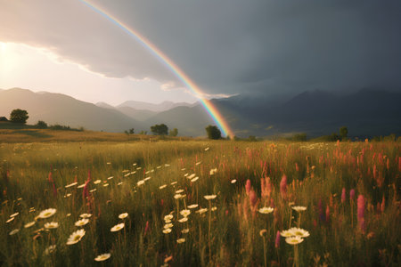 rainbow over the meadow with flowers and mountains in the backgroundの素材